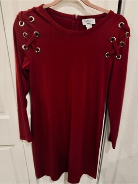 Carmen Marc Valvo Vintage Red Long-Sleeve Grommet Lace-Up Dress
